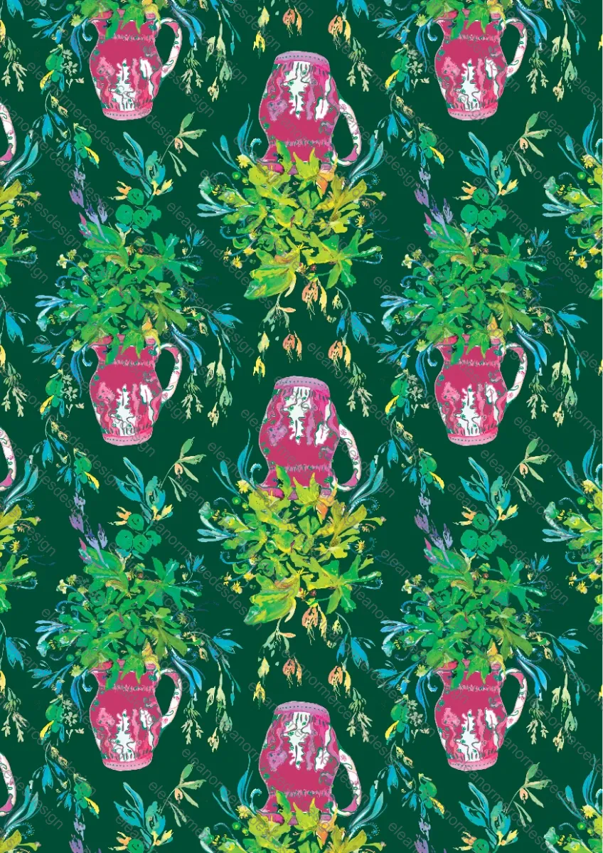 Imperial Fuchsia Jugs Emerald Green Repeat Design